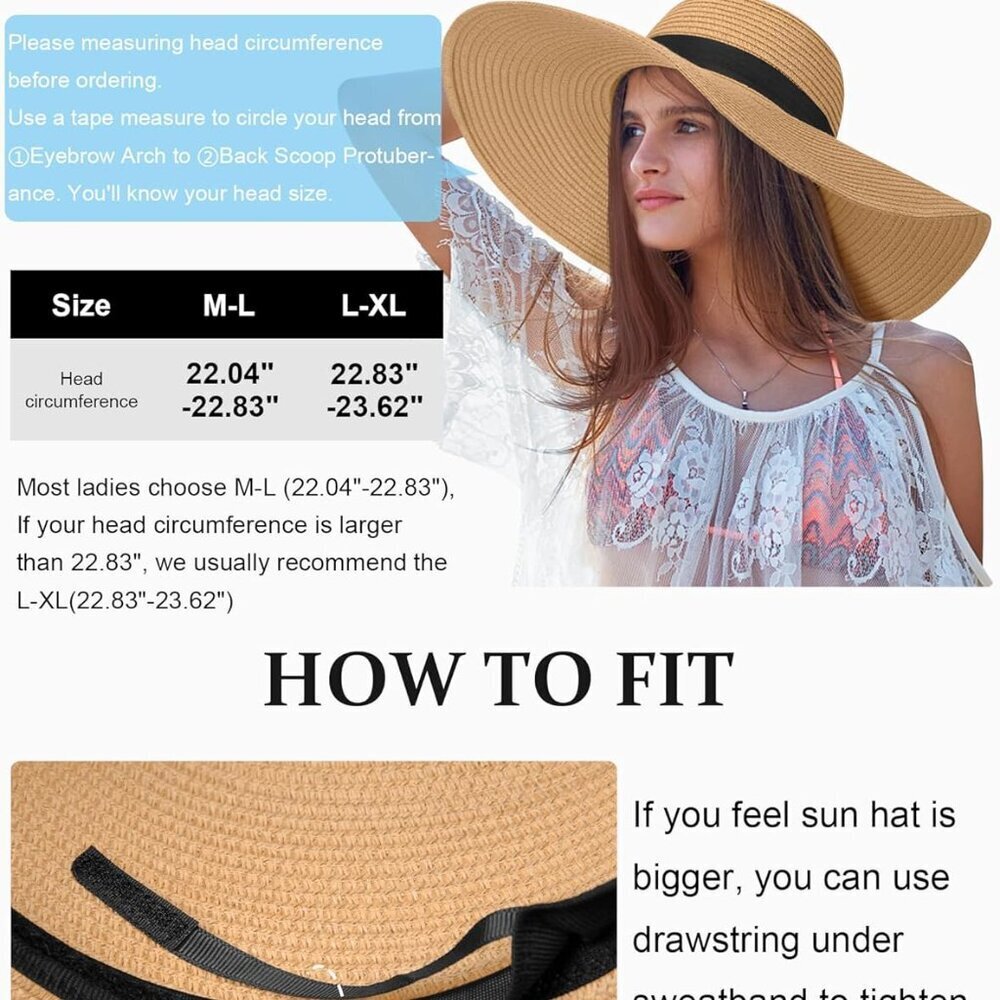 Sun Hats for Women Oversize Wide Brim Straw Beach Hat UV Protection Floppy Folda - Picture 4 of 6